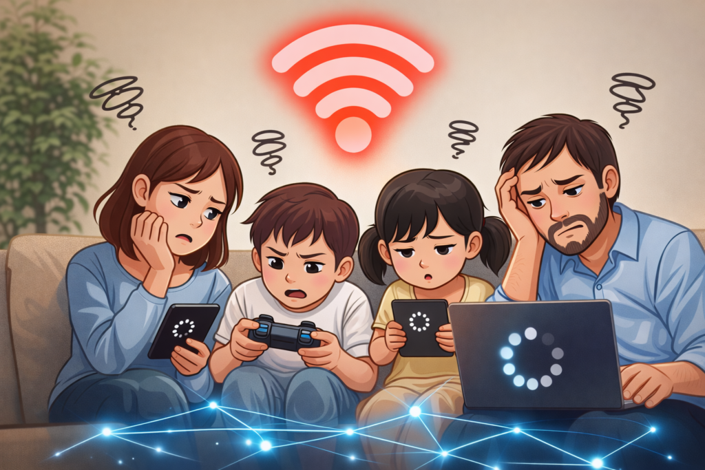 家族4人で同時に使うとWi-Fiが遅くて困っている一軒家のイラスト